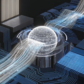 Central glowing sphere with digital data streams emanating from a gear-like base on a circuit board digital art artificial intelligence abstract technology digital transformation
