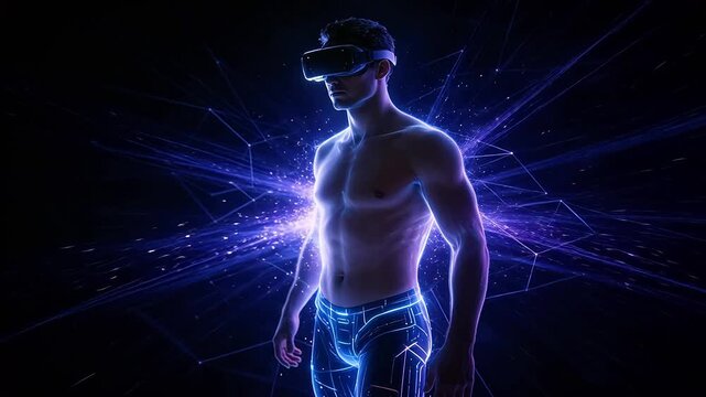 Man wearing VR headset in virtual reality environment with neon lines