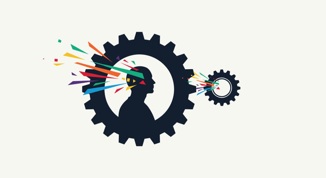 Silhouette of a human head inside large interlocking gears with colorful geometric shapes exploding from the mind for creativity.