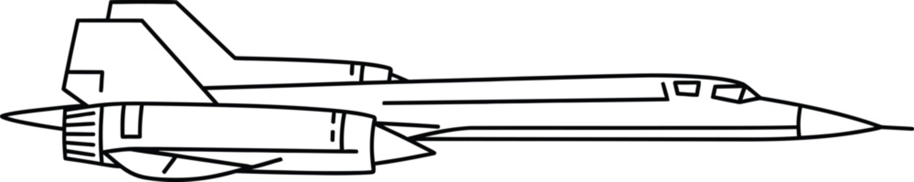 Black and white line of a fighter jet, side view airplane aircraft military line black and white