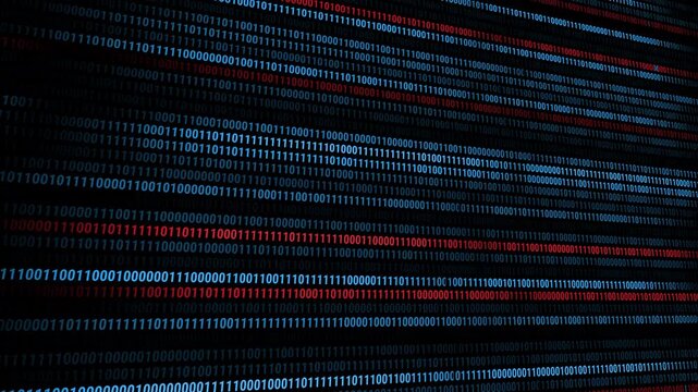 Abstract binary code data stream background animation with blue and red neon lights