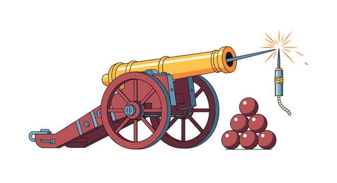 Old fashioned wooden cannon on wheels with a lit fuse and a stack of cannonballs ready for firing in a military scene.