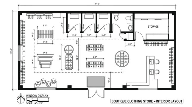 Architectural floor plan of a boutique clothing store interior layout with displays fitting rooms and storage