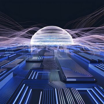 Futuristic glowing sphere data center with digital network on a dark background high tech server room artificial intelligence big data cloud computing data analytics data flow
