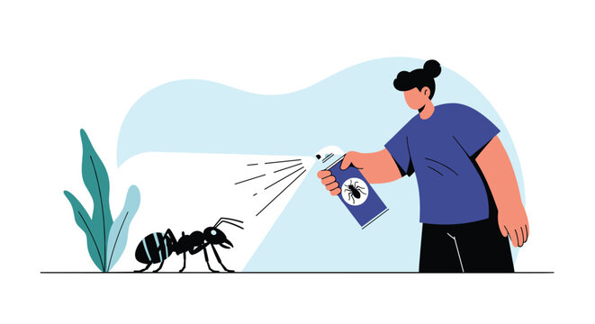 Person using an insecticide spray can to kill a large black ant on the ground representing domestic pest control and bug prevention.