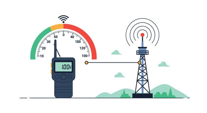 Communication concept featuring a walkie-talkie with a signal meter connected to a large radio transmission tower.