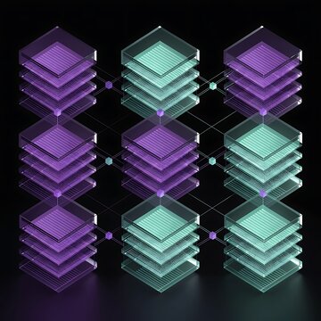 Abstract representation of data blocks stacked and connected in a network with artificial intelligence big data cloud computing data analytics data flow data visualization digital tran