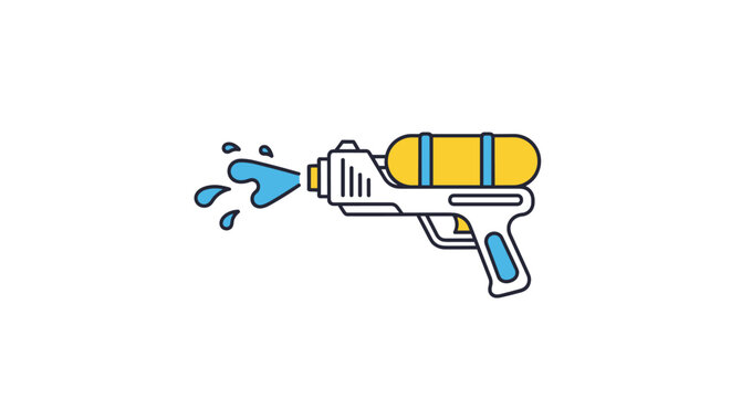 Colorful plastic water gun toy sprays a splash of blue water droplets as if in a fun summer pool or garden game.