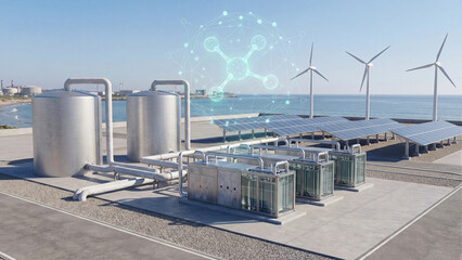 Obraz premium Green hydrogen concept generating clean renewable energy through coastal electrolysis facility powered by solar panels and wind turbines for sustainable industrial fuel and carbon neutral