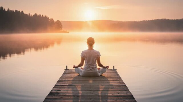 Woman practicing yoga meditation on wooden dock at sunrise over calm lake with mist and forest background