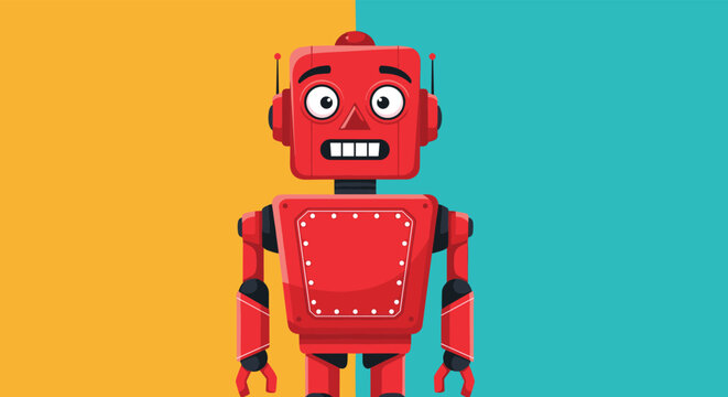 Friendly red vintage-style robot with a rectangular head, bright eyes, and antennae against a two-tone background.