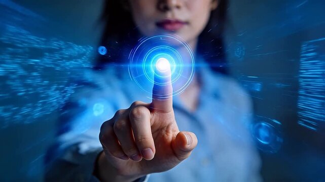Person using finger to touch virtual interface with blue holographic icons in futuristic scene