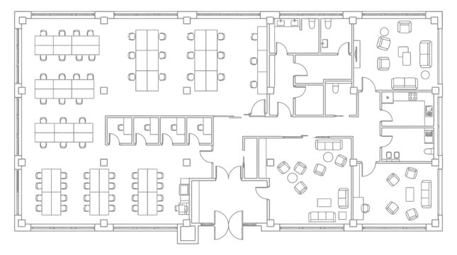Architectural floor plan of an office space with multiple meeting rooms and open work areas Keywords: floor plan, office layout, architectural drawing, meeting rooms, open plan office
