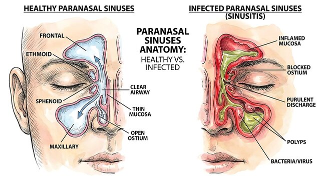 Detailed Informative Diagram of Healthy and Infected Paranasal Sinuses Anatomy
