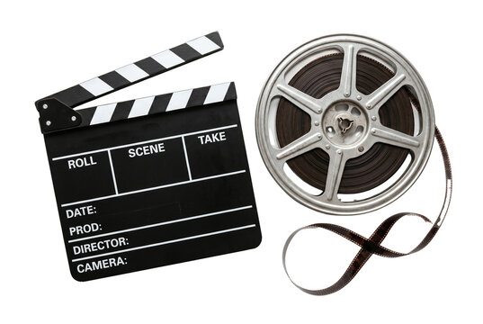 Movie director clapperboard and vintage metal film reel