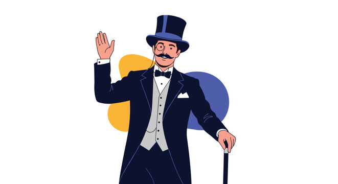 Dapper gentleman in a tuxedo wearing a top hat and monocle waving with one hand and holding a cane in the other.