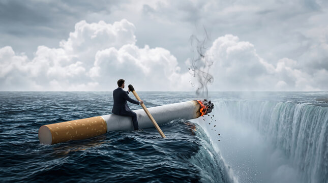 Environmental toxicity and social addiction represented by a businessman navigating a giant burning cigarette toward a catastrophic ocean waterfall