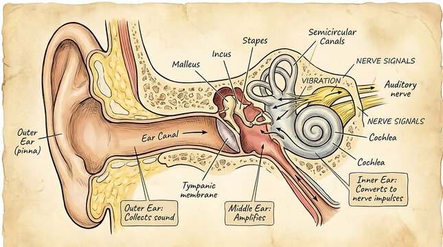 Detailed Anatomical Illustration of the Human Ear Structure and Functionality
