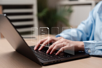 Naklejka premium Writer typing news article and digital content creation. Hand working on computer laptop for internet blog publishing and storytelling.