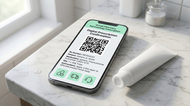 Digital healthcare integration represented by an electronic prescription on a smartphone screen next to a white ointment tube on a marble surface.