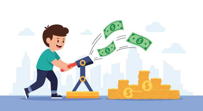 Happy boy operating a machine that prints money with dollar bills flying out and a large pile of shiny gold coins.