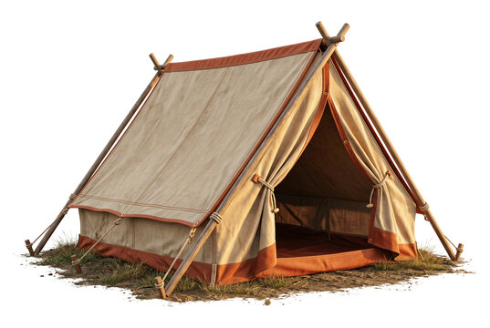 Vintage canvas camping tent on dirt patch isolated