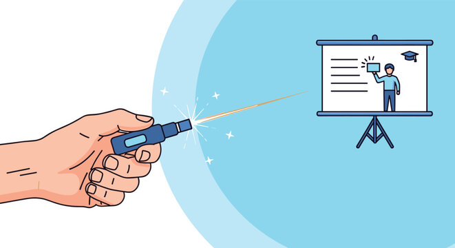 Human hand holding a laser pointer and aiming the beam at a projector screen displaying educational or business presentation data.
