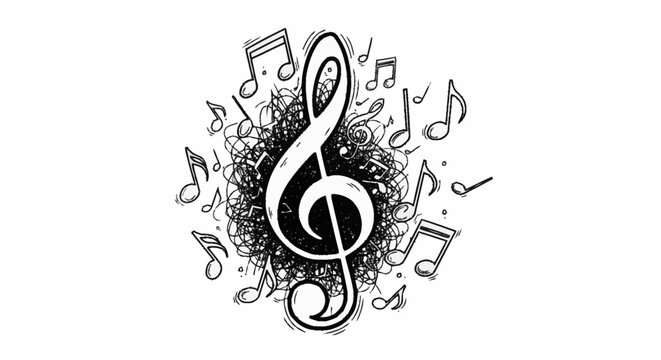 A black and white illustration of a treble clef surrounded by musical notes.