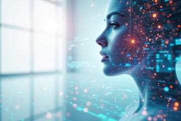 Obraz premium Futuristic digital woman profile with glowing particle data streams