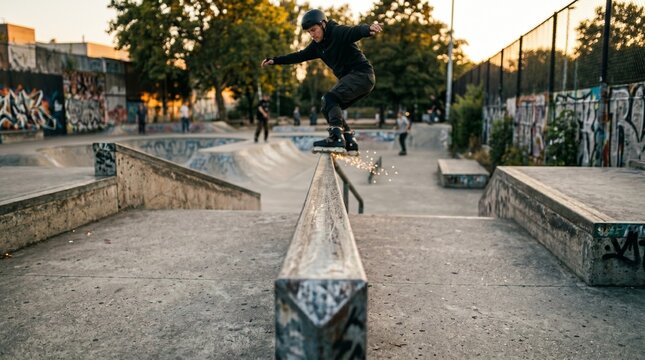 Inline Skater Grinding Rail Urban Park, Low Angle