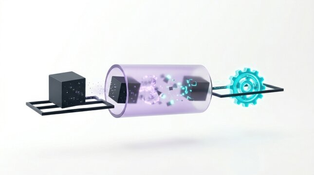 A minimalist 3D infographic showing a flow process where an input is transformed through a central chamber into an output gear, representing industrial production and efficiency.