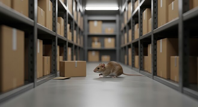 Rodent scurrying through aisles of storage shelves filled with cardboard boxes in a large facility.