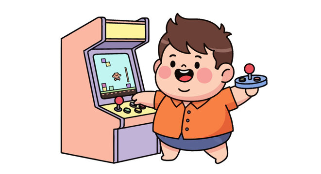 Happy boy playing classic arcade video game machine.