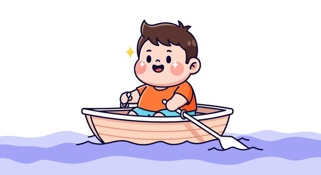 Happy cartoon boy rowing small wooden boat outdoors.