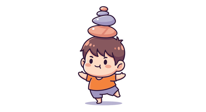 Cartoon boy balancing colorful stacked rocks on head.