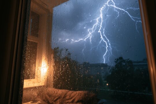 Rain streaks the windowpane as thunder rumbles