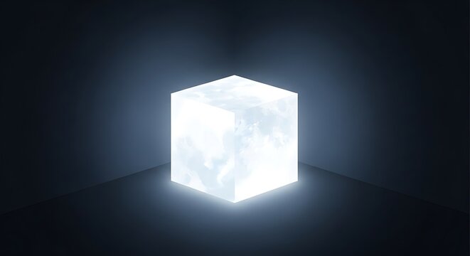 Glowing white cube in dark background.