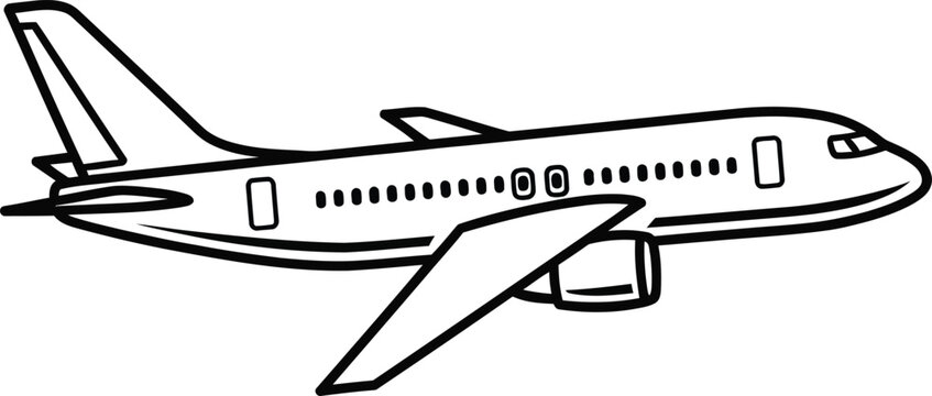 Black and white line of an airplane, side view, aircraft outline line outline