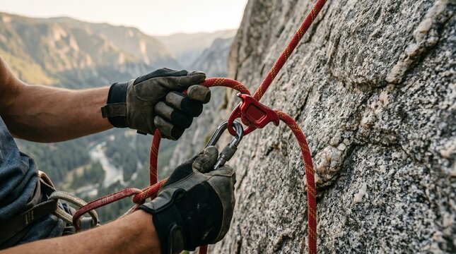 Climber Rappelling Granite Face Rope Close Up