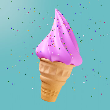 3D Icecream with candy topping and sprinkles floating in the background
