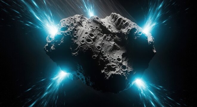 Asteroid, Space Rock, Glowing Blue Lights, Sci-Fi Illustration