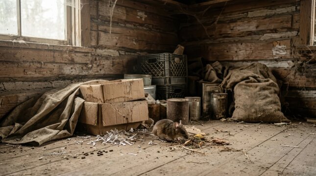 Single brown mouse searching for food on wooden floor of messy cabin storage room filled with cardboard boxes and burlap sacks.