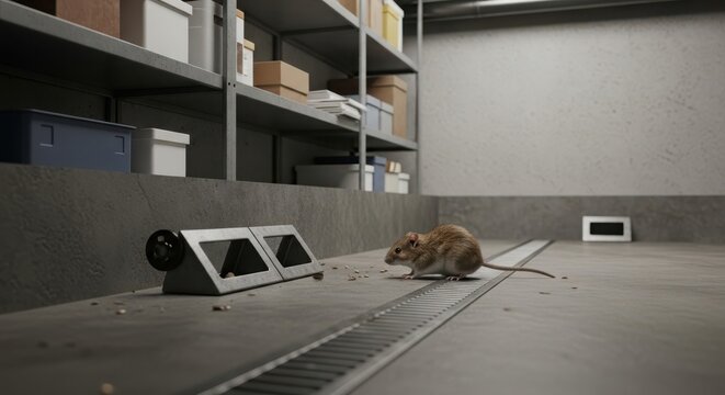 Small house mouse scurries across concrete floor near drain in warehouse with storage shelves, potential pest issue.