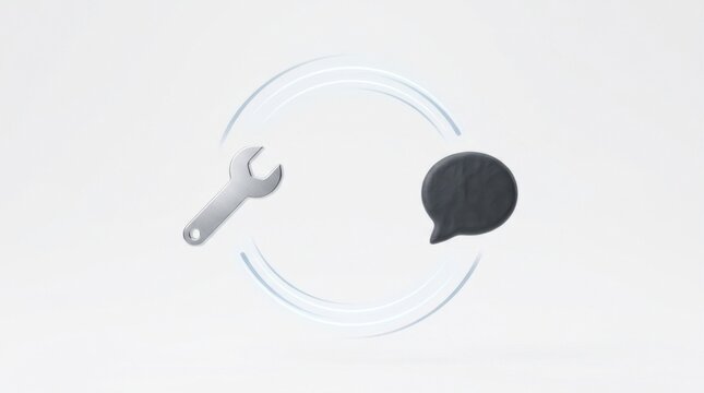 A minimalist 3D loop icon featuring a wrench and speech bubble, symbolizing technical optimization, feedback processes, maintenance, and communication in business operations.