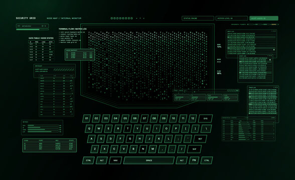 Green Cybersecurity Grid Terminal Interface. Cyberpunk UI with matrix code, node logs, virtual keyboard, metrics, alerts, and internal monitor panels for hacking, network security. Vector HUD panels