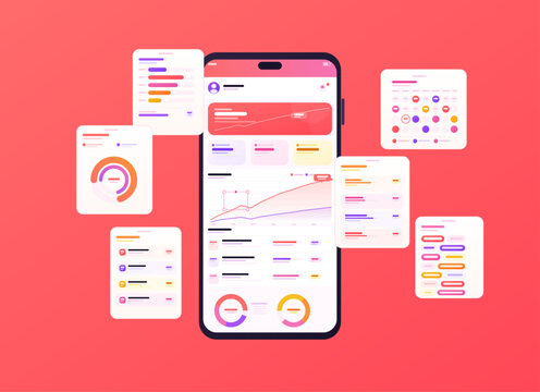 Colorful Mobile Analytics Dashboard UI Mockup. Bright mobile app dashboard mockup with floating analytics cards, charts, calendar widgets, graphs, and clean UI elements. Vector UI, UX mockup