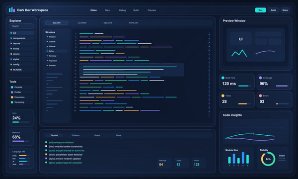 Dark Developer Workspace Code Editor Interface. Dark software development dashboard showing code editor, file explorer, preview window, terminal logs, build metrics, errors. Vector terminal with UI