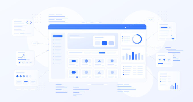 Web App Development Interface with Connected UI Elements. Light web app development concept with connected UI panels, dashboard widgets, charts, controls. Vector Website Builder Illustration