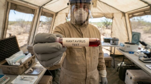 Person in protective suit and face shield holds hantavirus test tube in outdoor medical field tent.