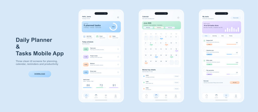 Daily Planner and Tasks Mobile App UI Screens. Clean productivity app mockup with three smartphone screens showing daily schedule, calendar and other. Mobile Phone App Mockup with UI, UX, Kit. Vector 